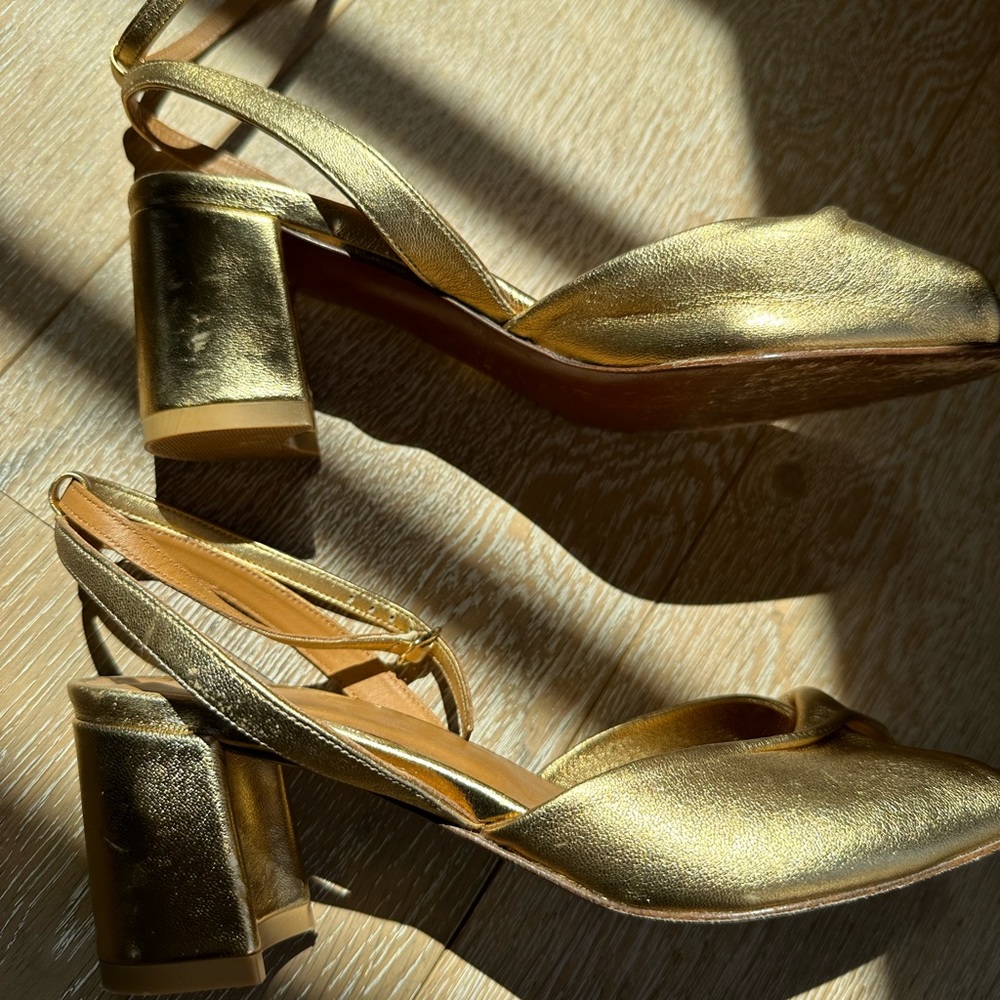 BY FAR Gold Leather Slingback Block Heel Sandals